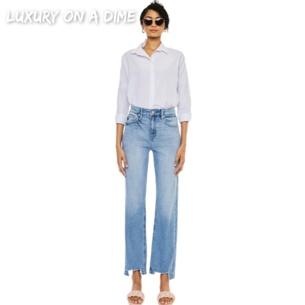 KanCan High-Rise Waist Distressed Raw Hem Wide Straight Leg Mom Denim Jean Pants - Picture 3 of 14